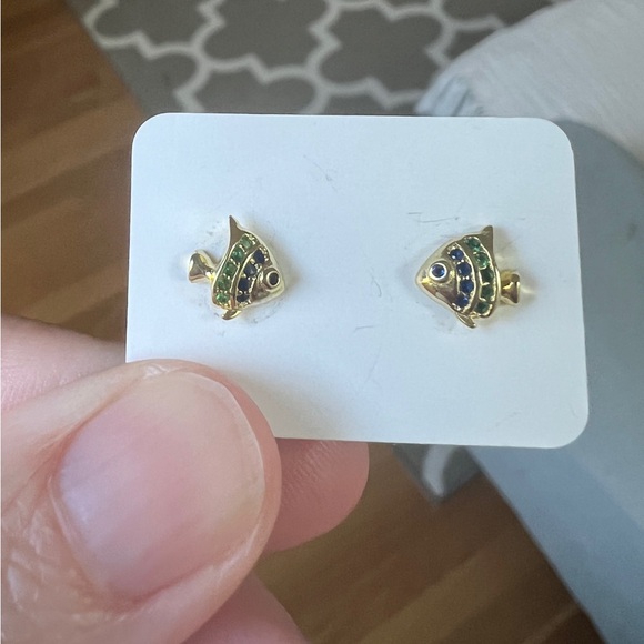 14k Gold Plates Blue & Green CZ Mini Fish Stud Earring - Picture 3 of 3